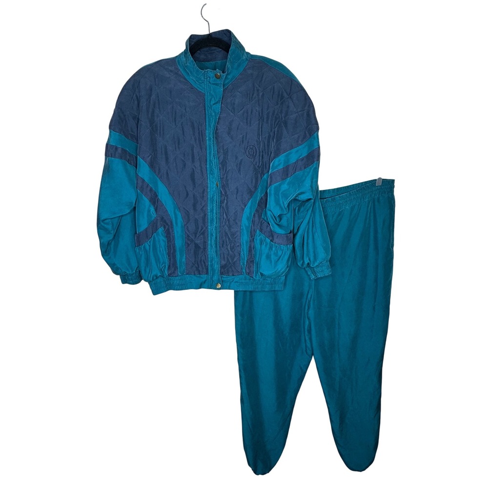 J G HOOK Vintage 100% Silk Track Suit Medium Teal Blue Quilted‎ Jacket Pants Set